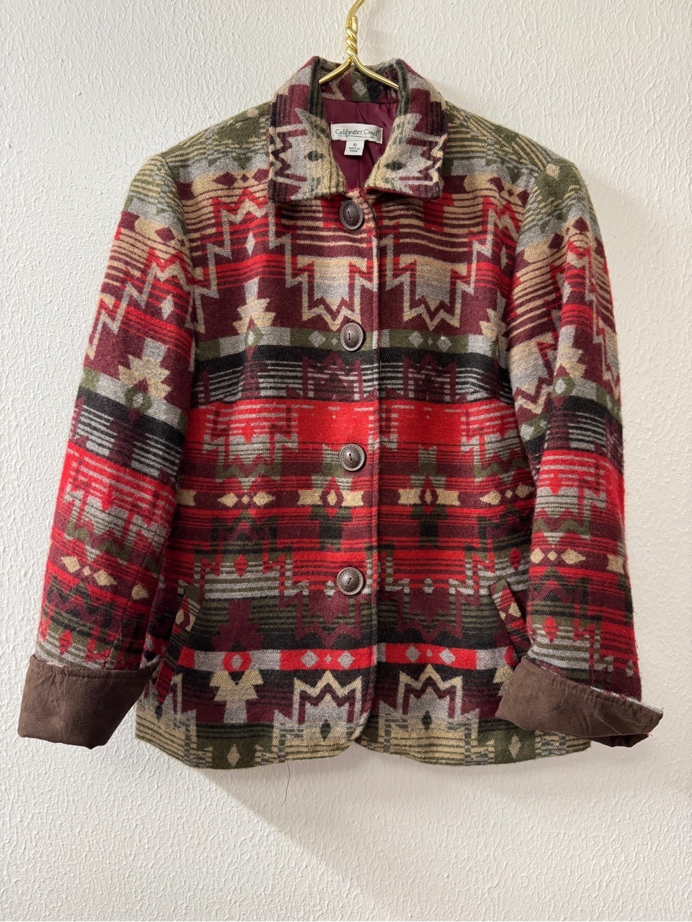 Coldwater Creek Red & Olive Southwestern Patterned Jacket